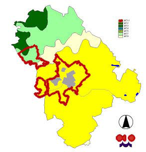 Mapa klimatických oblastí regionu Hranicko podle Quitta s vyznačeným kat. územím města Hranice