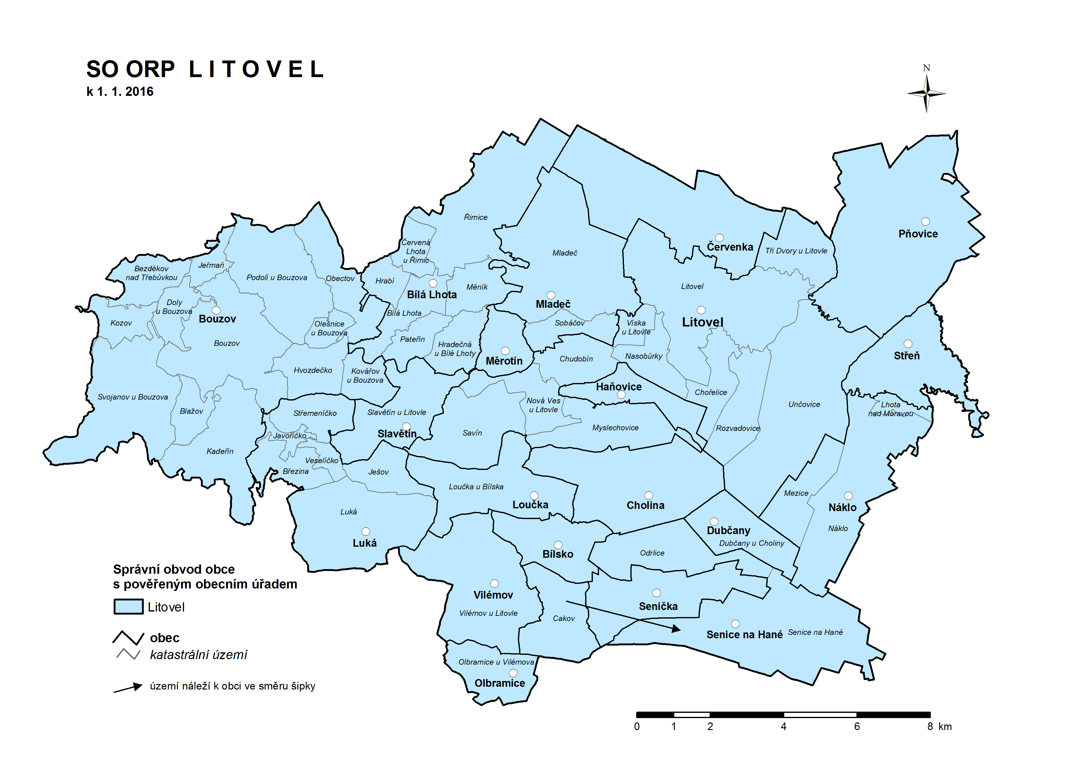 Administrativní mapa správního obvodu Litovel k 1. 1. 2011 (zdroj ČSÚ)